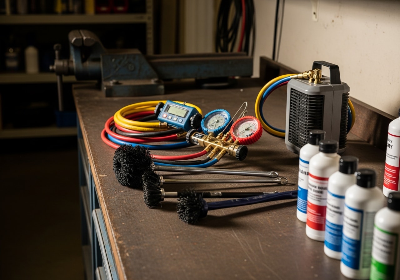Professional HVAC technician tools and equipment arranged on a work surface, representing air duct and dryer vent cleaning services.
