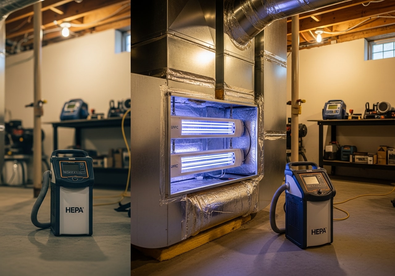 UVC light sanitizer installed in residential HVAC return plenum, Peekskill
