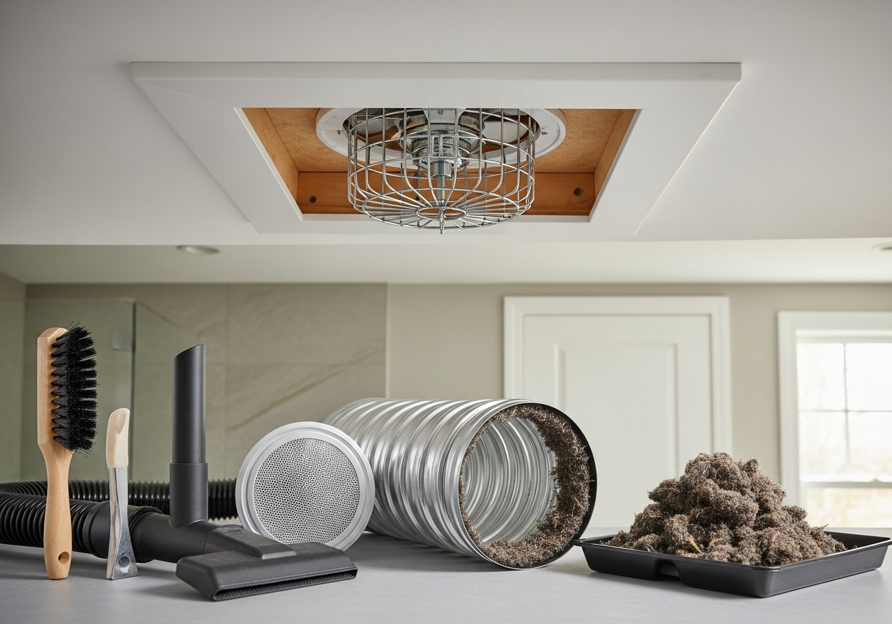 Cleaned bathroom exhaust duct with new bird cage damper installed, Bedford