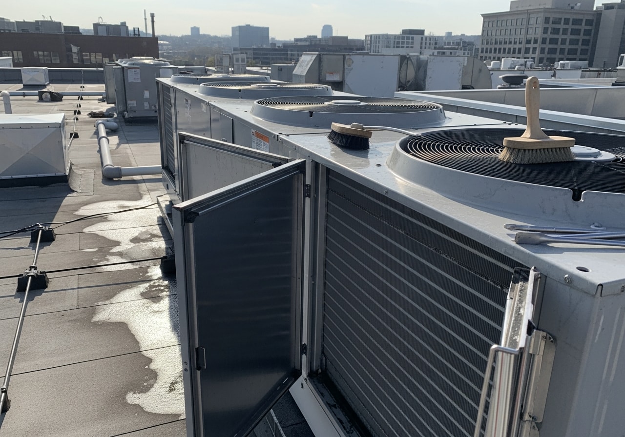 Commercial HVAC rooftop unit with cleaned condenser coils, Yonkers