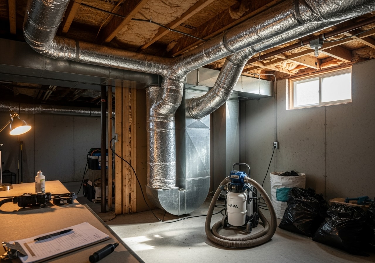 Technician performing air duct cleaning in residential home, White Plains