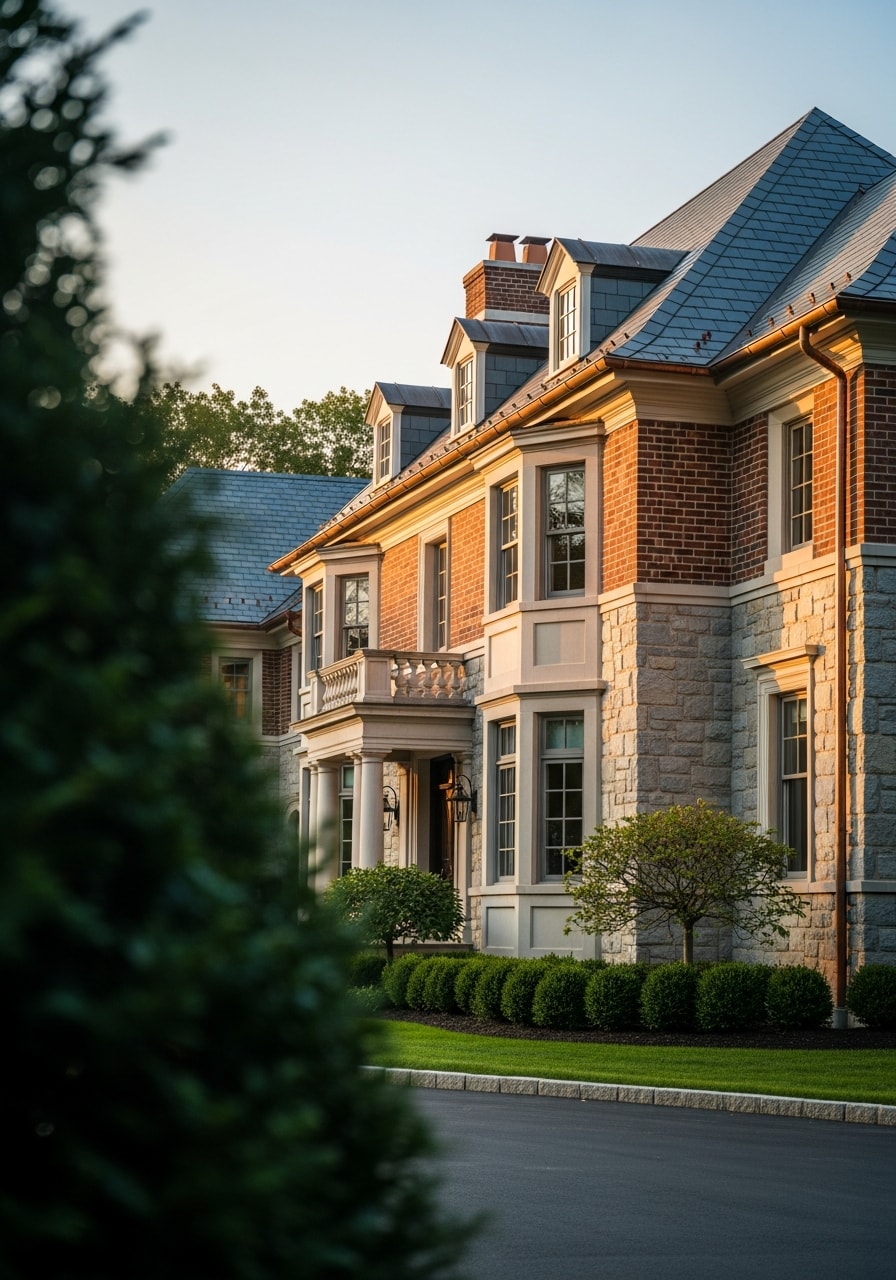 Detail of a Scarsdale home's exterior showing high-quality materials and careful landscaping.