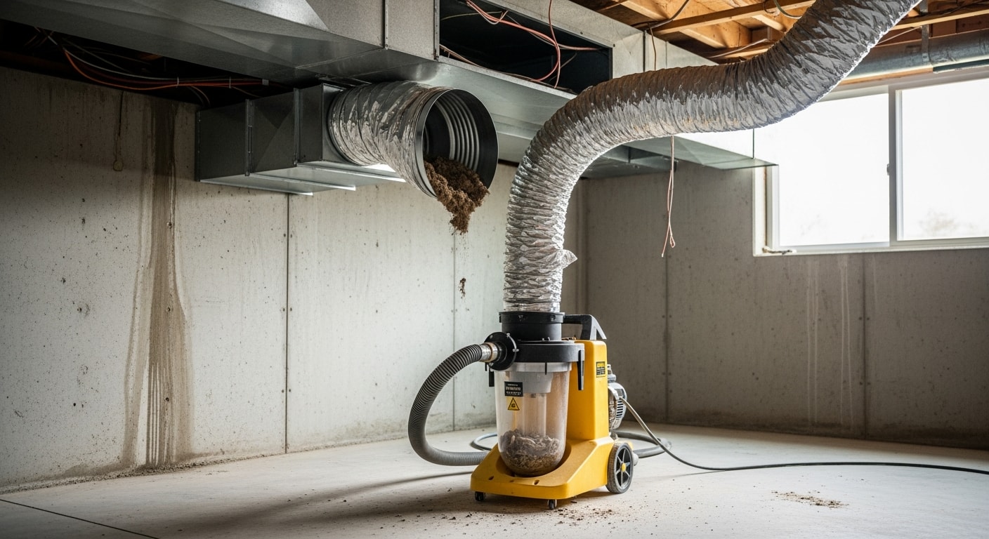 A technician from Aerius Duct Cleaning using negative-pressure duct cleaning equipment connected to a residential HVAC system. Supply vents and return registers are visible along the walls of the interior hallway.