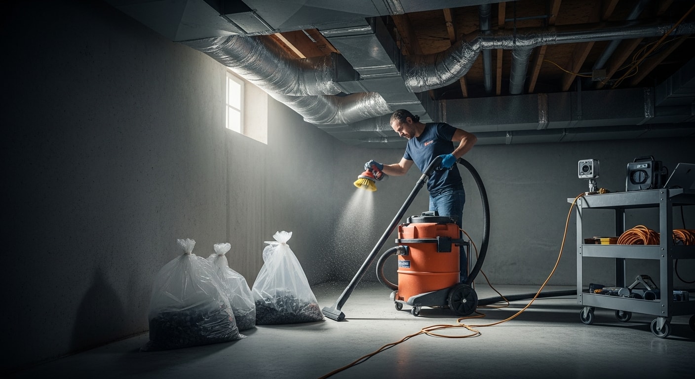 A technician from Aquaerius Home Wellness LLC inspecting a cleaned residential air duct register inside a Bedford home. The duct interior shows cleared surfaces after professional sanitation service.