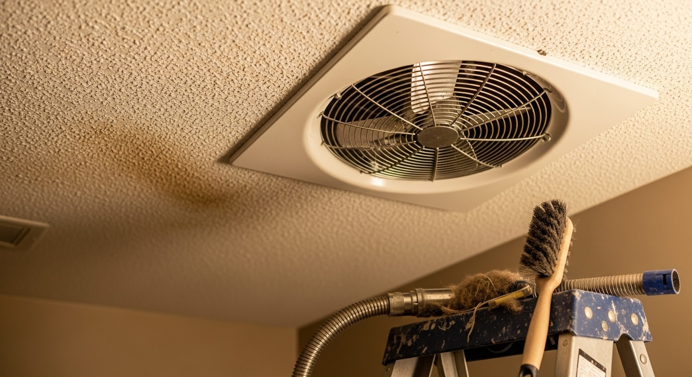 A bathroom exhaust fan cover being removed to reveal dust-clogged blades inside a residential ceiling in Bedford. A technician from Aquaerius Home Wellness LLC cleans the fan housing and blades to restore full airflow.