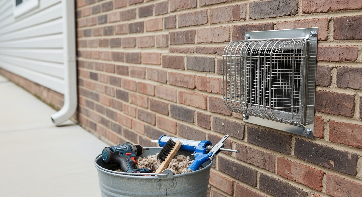 A bird cage cover installed over an exterior dryer vent on the side of a Bedford home, showing the protective guard fitted flush against the siding with the vent opening fully visible behind the cage bars.