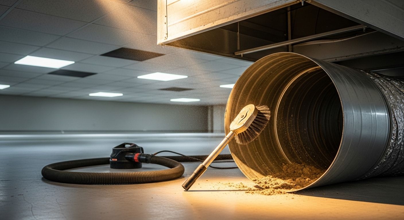 A commercial HVAC technician using industrial vacuum equipment to clean air ducts inside a Bedford, TX office building. The image shows a cleared duct section with visible debris removed from the interior duct walls.