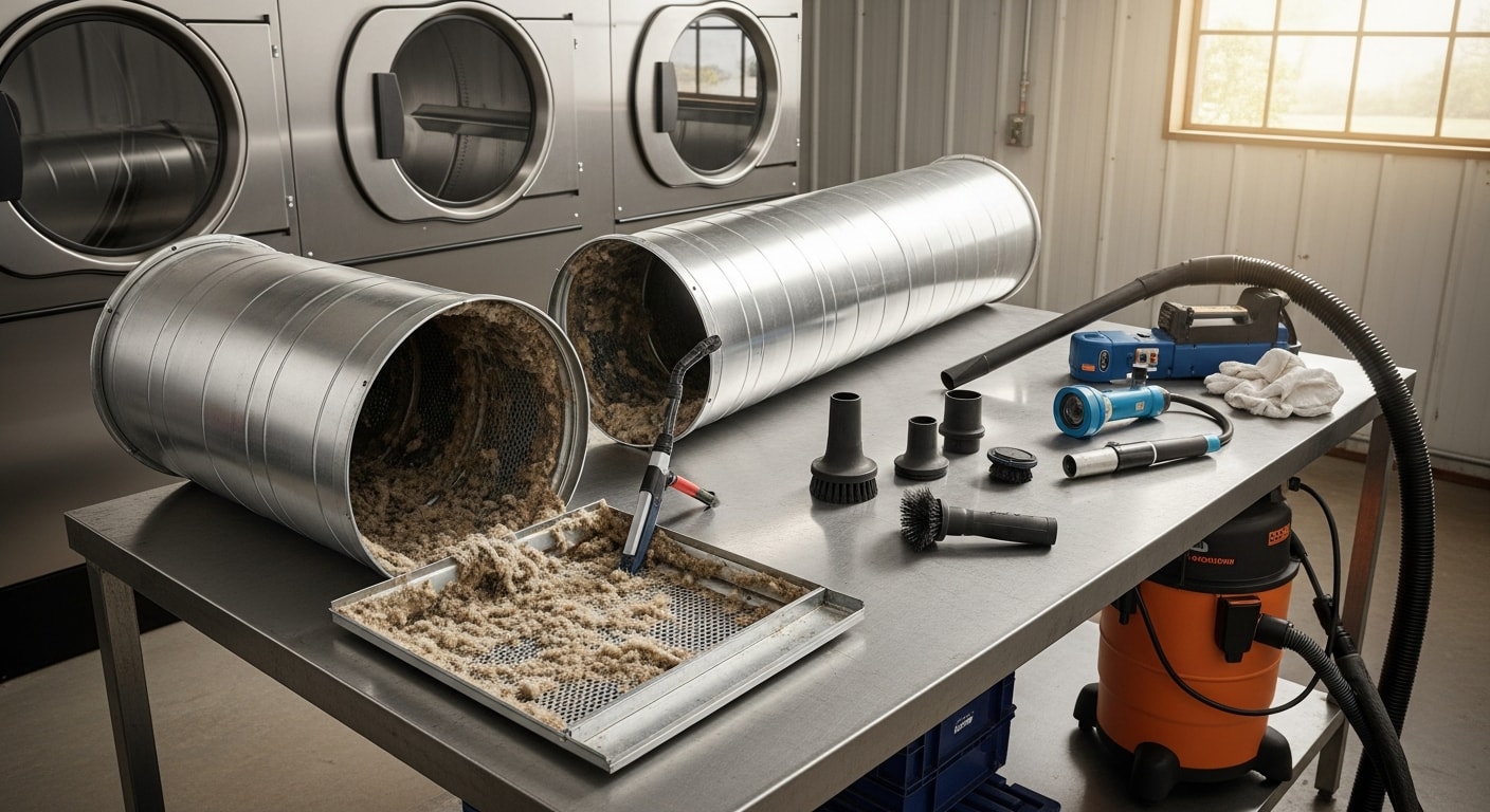 A commercial dryer vent duct in a Bedford business laundry room shown before and after professional cleaning, with visible lint removal and restored metal ductwork. A technician from Aquaerius Home Wellness LLC uses professional equipment to clear blockages from a shared commercial vent line.