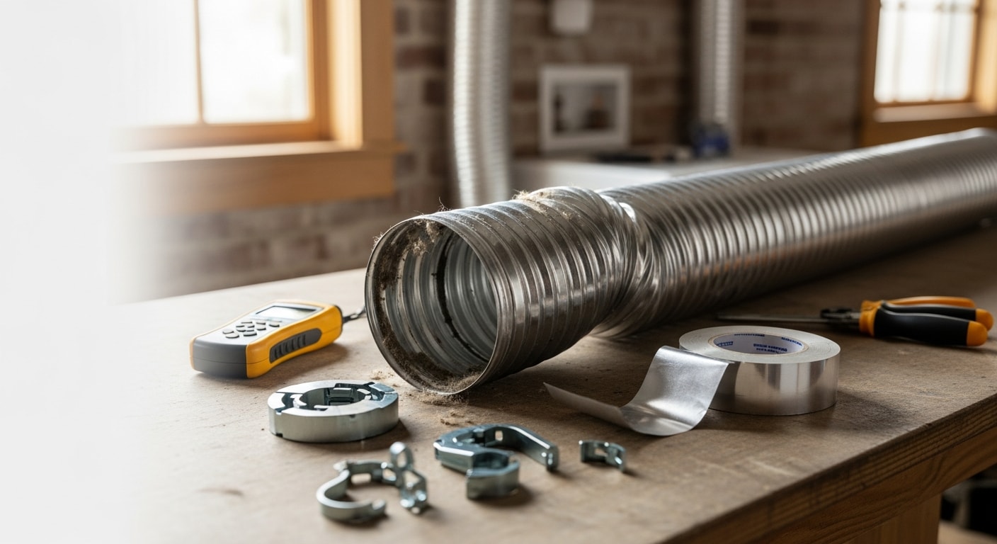 A technician inspecting a repaired rigid metal dryer duct connection at the back of a residential dryer in a Bedford home laundry room. The duct runs cleanly along the wall with sealed joints and an unobstructed path to the exterior vent.