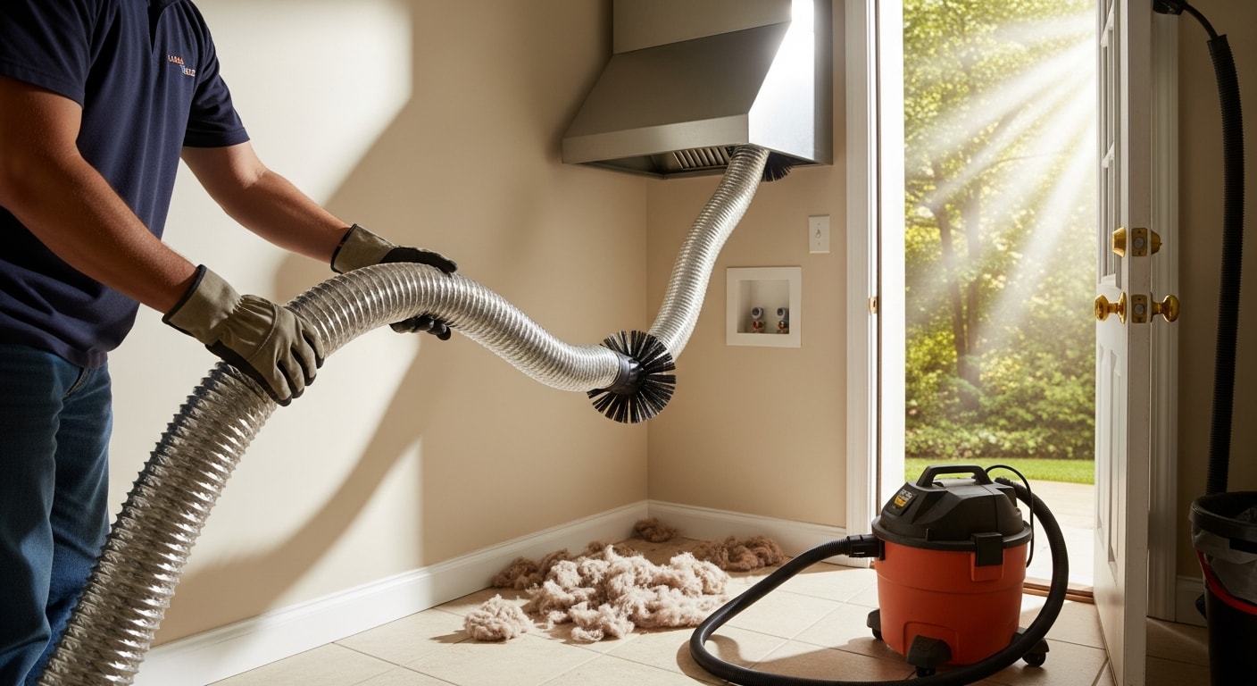 A technician from Aquaerius Home Wellness LLC cleaning a residential dryer vent line in a Bedford home, with the exterior vent hood visible and lint debris removed from the duct. The laundry room shows a standard dryer connection with the vent hose detached for full-line cleaning access.