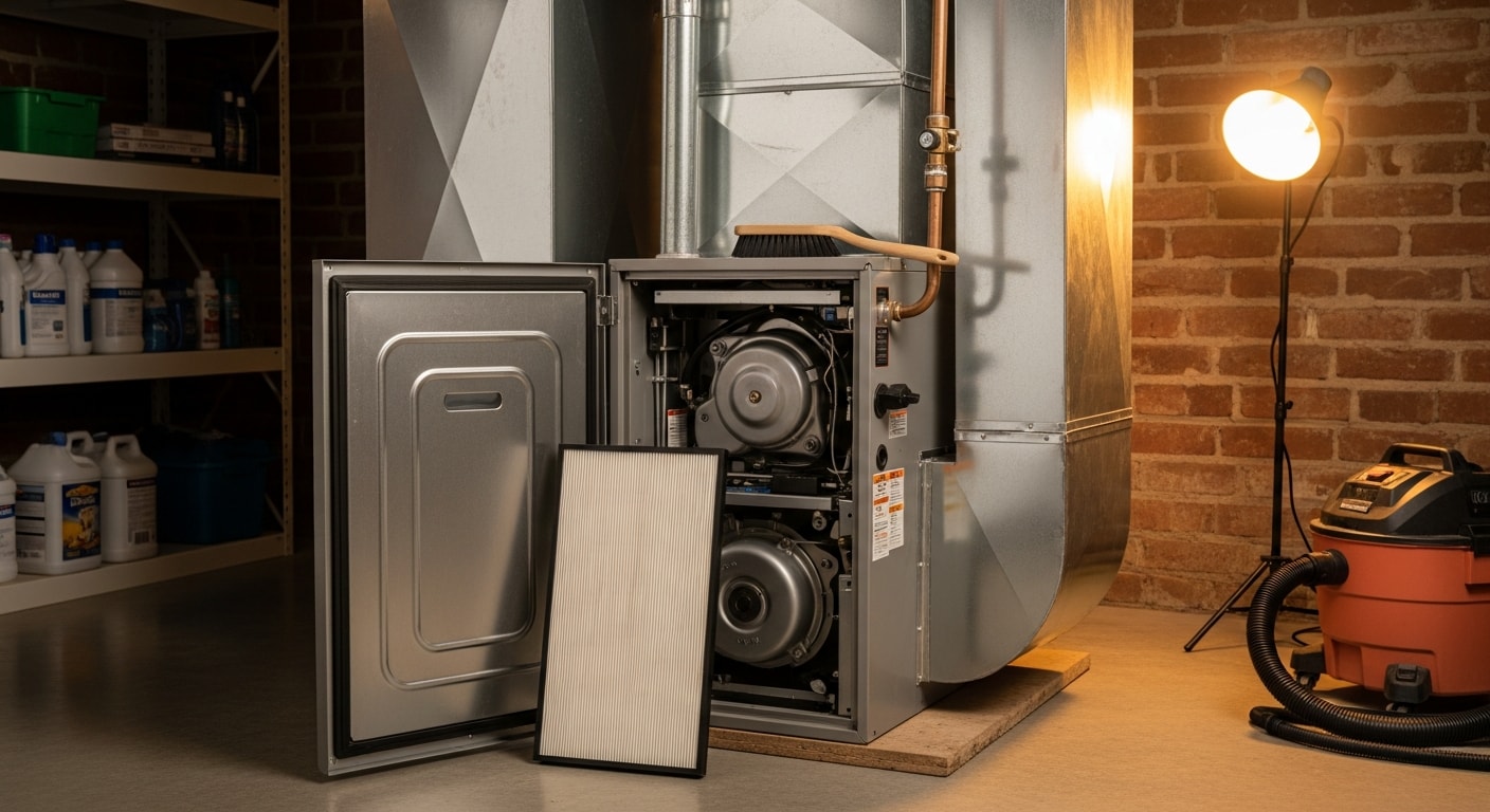 An HVAC technician cleaning the interior blower and burner components of a residential furnace in a Bedford home utility room. Dust and debris are visible on the removed access panel beside the unit.