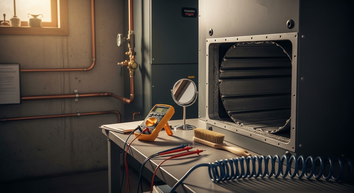An HVAC technician cleaning a residential furnace heat exchanger inside a Bedford home, with tools and inspection equipment visible on the work surface. The furnace cabinet is open, showing the cleaned exchanger surfaces and surrounding components.