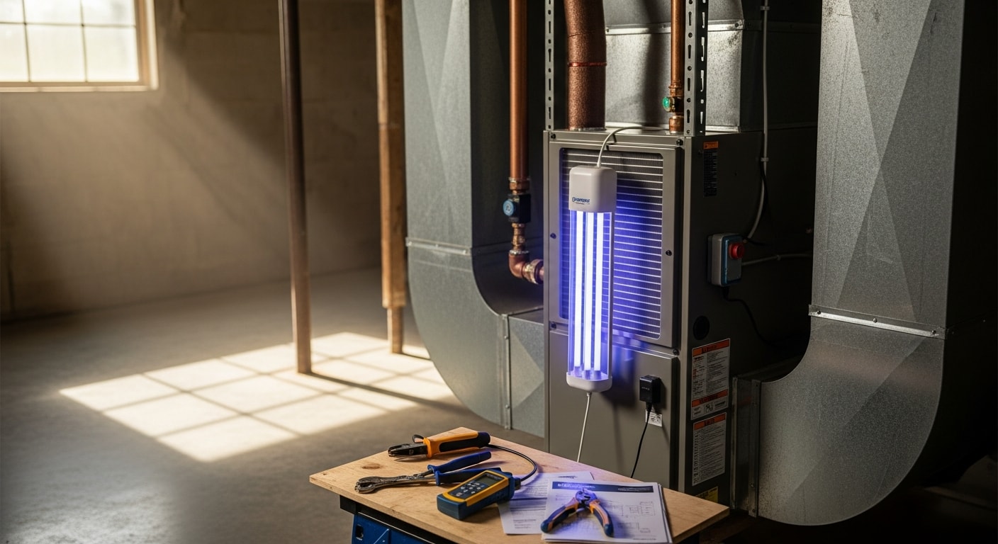 A UVC germicidal lamp installed inside a residential HVAC air handler unit in a Bedford home, positioned near the evaporator coil to reduce mold and bacterial growth. The lamp glows with a faint blue-violet light inside the sealed metal housing of the system.